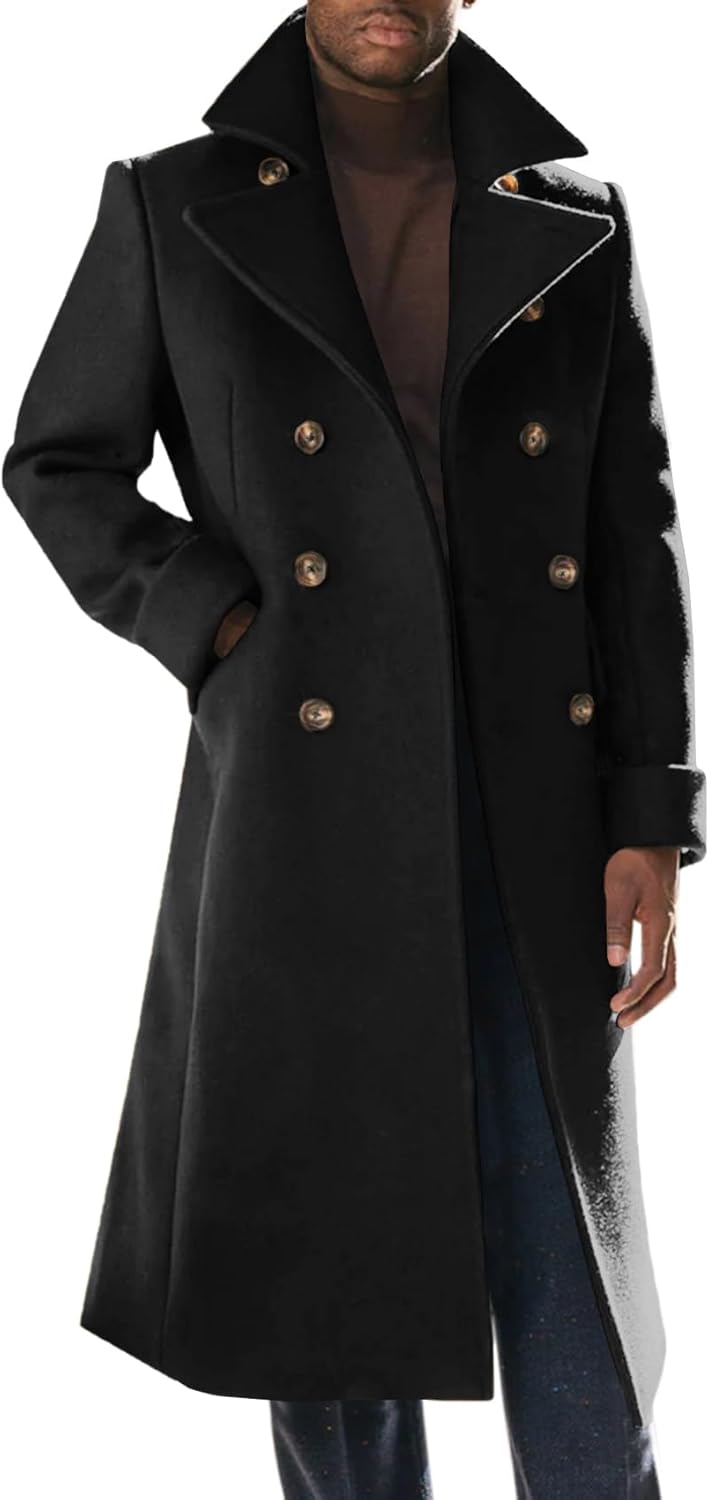 Mens Trench Coat Notch Lapel Slim Fit Double Breasted Wool Blend Long Pea Coat Winter Warm Overcoat