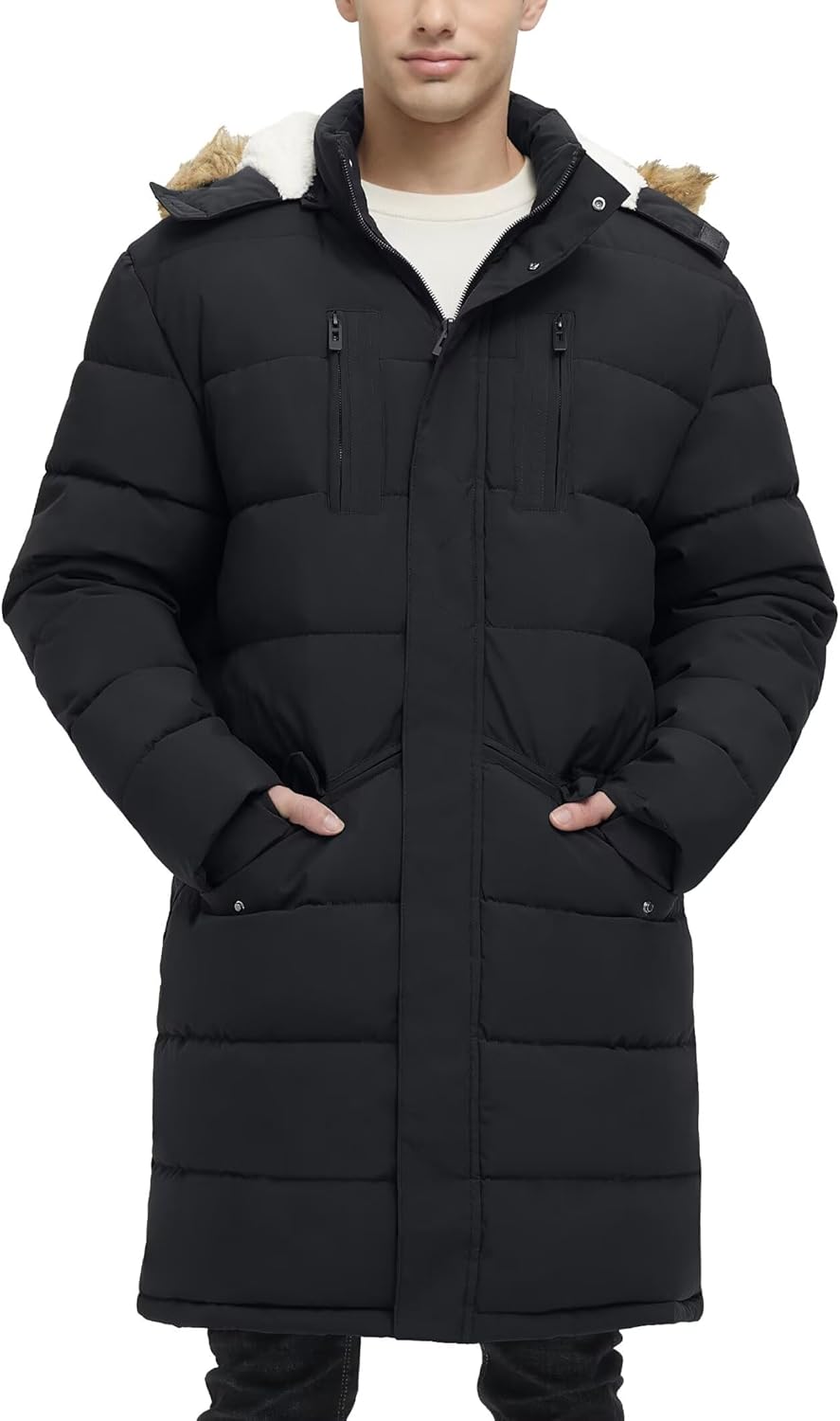 Men's Extra Long Fleece Puffer Jacket Outerwear Winter Coats Hooded Parka Warm Water-resistant Cold Weather