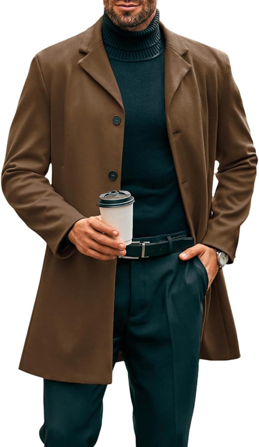 Mens Mid Long Trench Coat Slim Fit Winter Pea Coat Single Breasted Business Overcoat