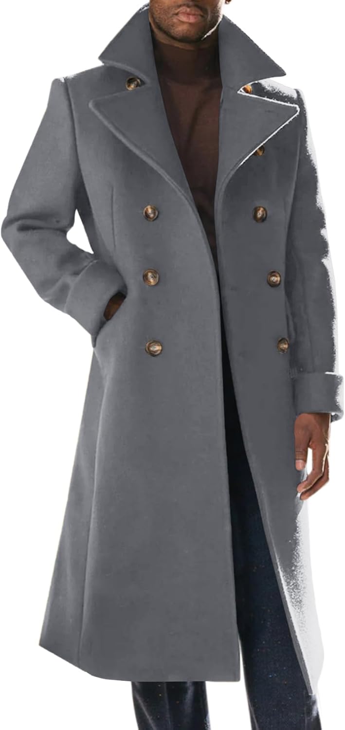 Mens Trench Coat Notch Lapel Slim Fit Double Breasted Wool Blend Long Pea Coat Winter Warm Overcoat