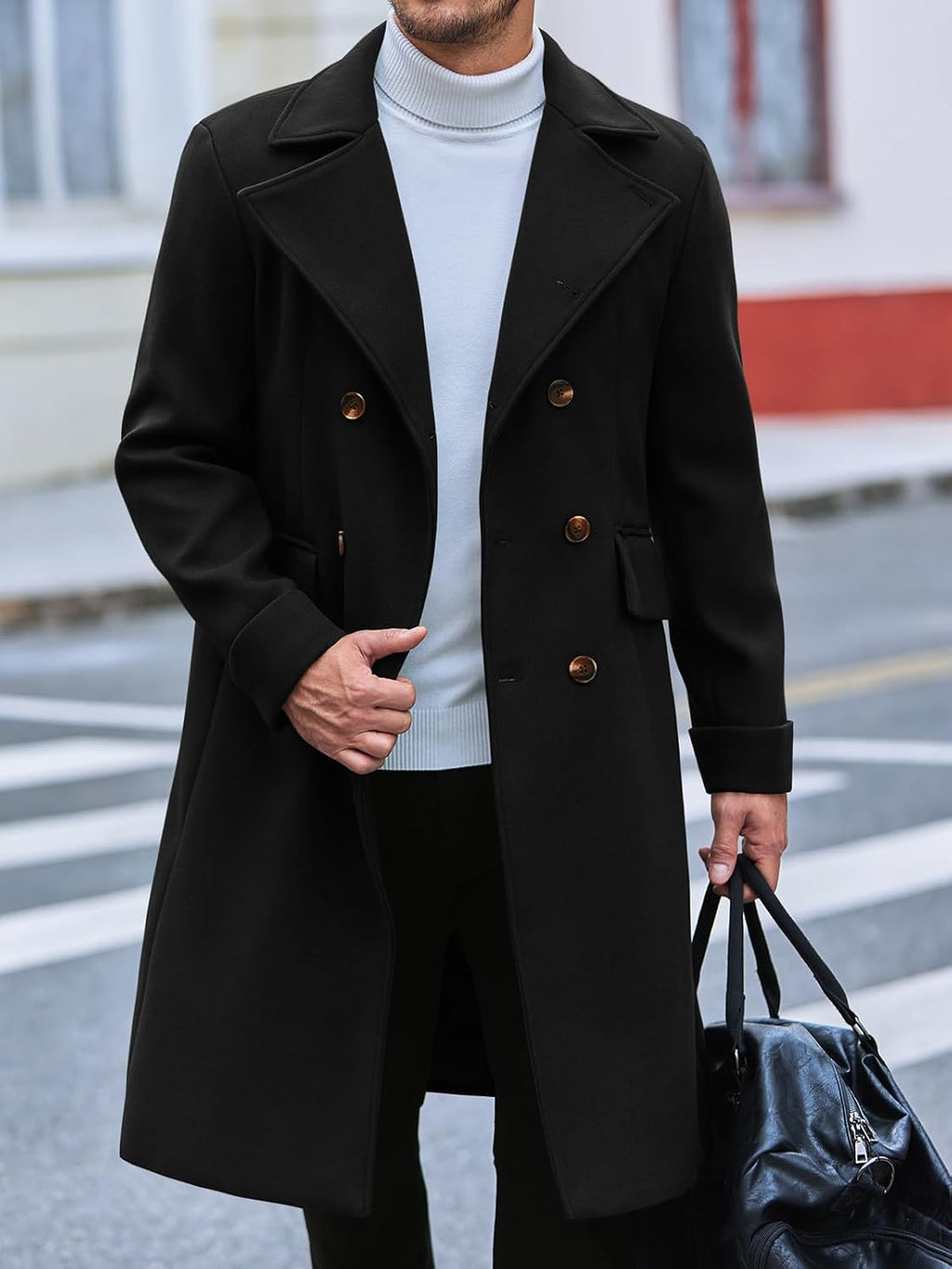 Mens Trench Coat Notch Lapel Slim Fit Double Breasted Wool Blend Long Pea Coat Winter Warm Overcoat