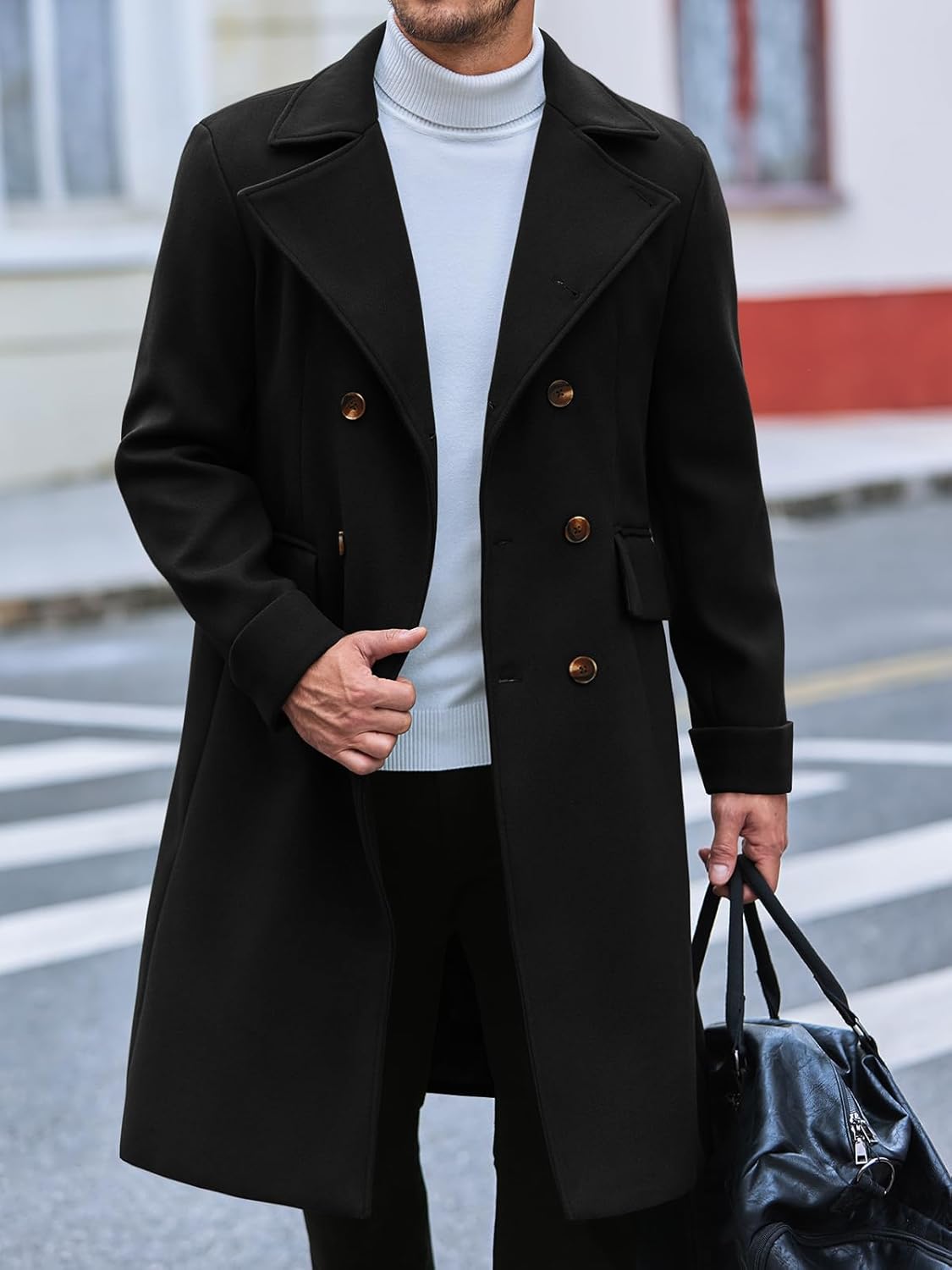 Mens Trench Coat Notch Lapel Slim Fit Double Breasted Wool Blend Long Pea Coat Winter Warm Overcoat