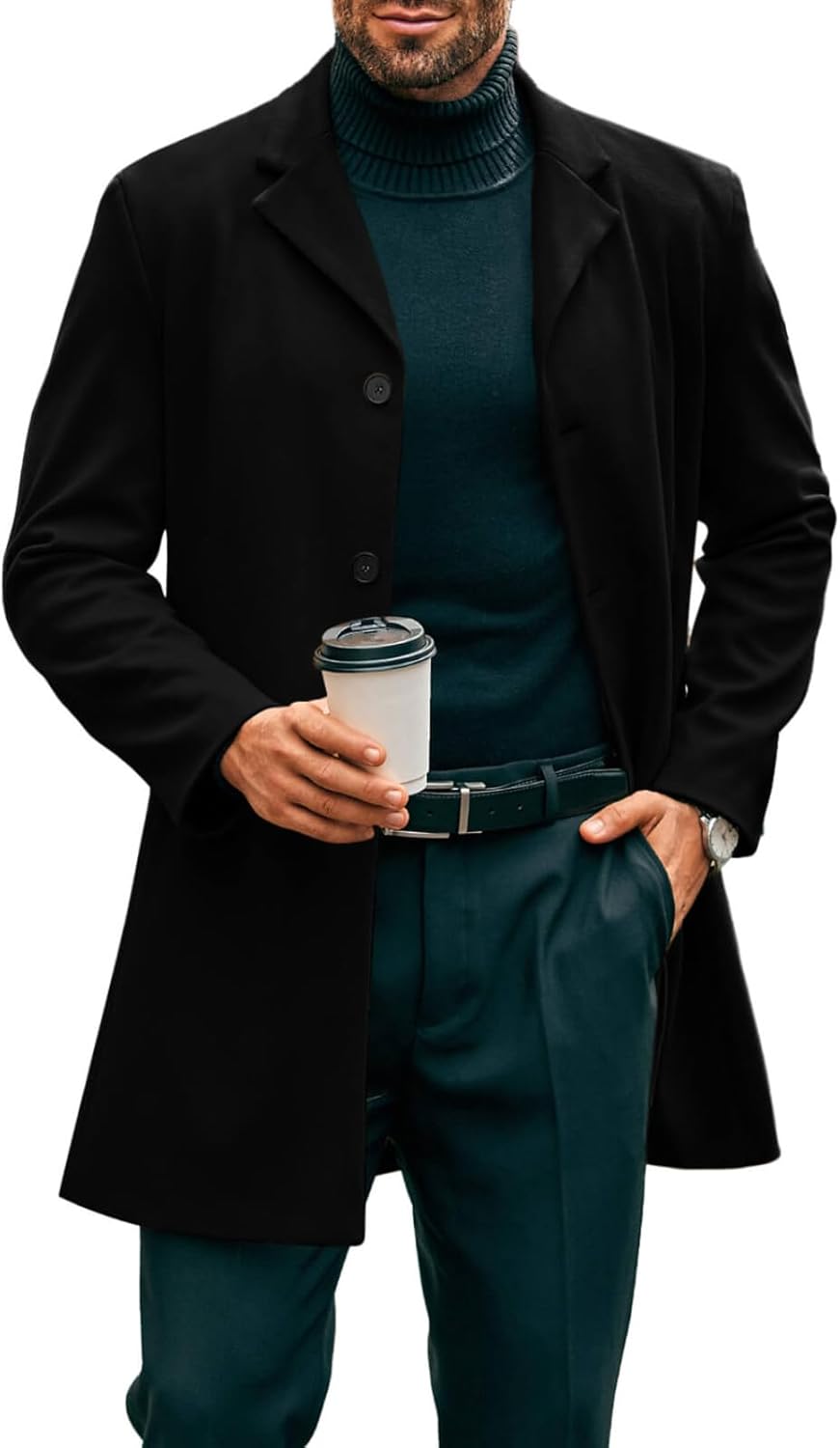 Mens Mid Long Trench Coat Slim Fit Winter Pea Coat Single Breasted Business Overcoat