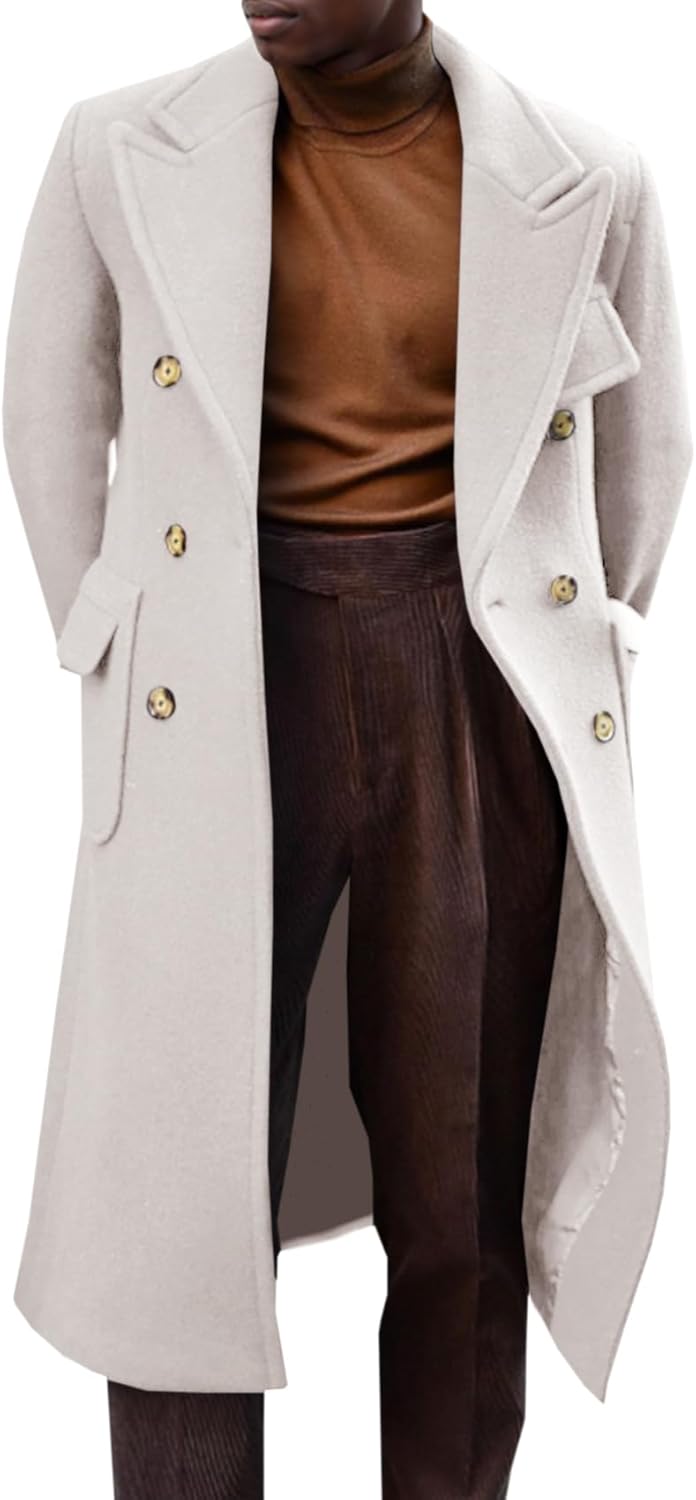Mens Trench Coat Notch Lapel Long Jacket Double Breasted Classic Winter Overcoat