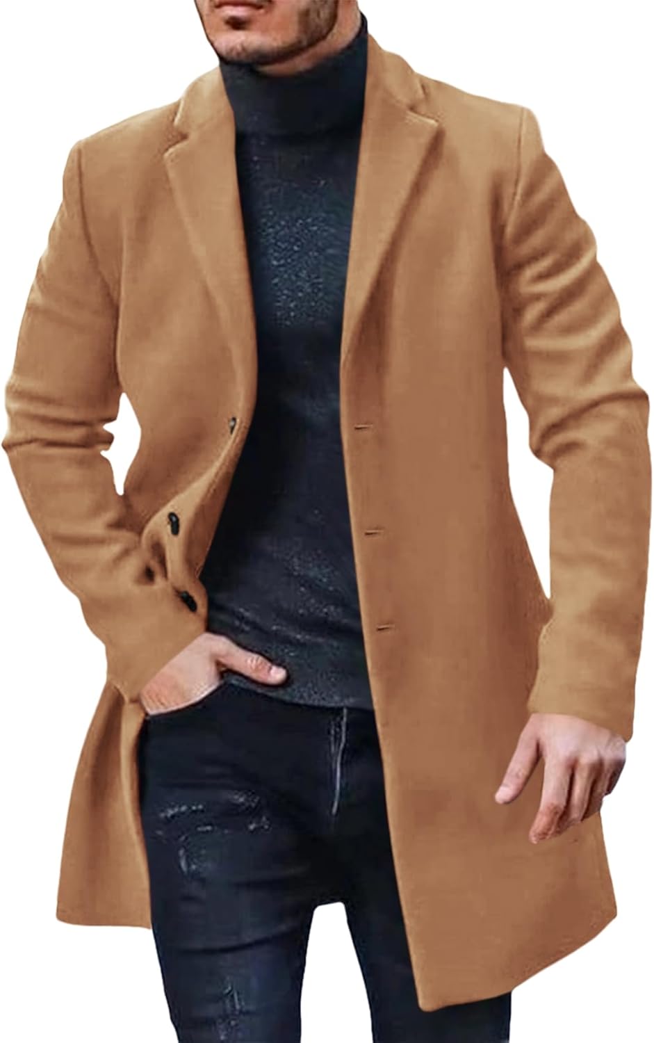 Men's Trench Coat Slim Fit Notch Lapel Single Breasted Top Coat Winter Warm Cotton Business Long Jacket Overcoat
