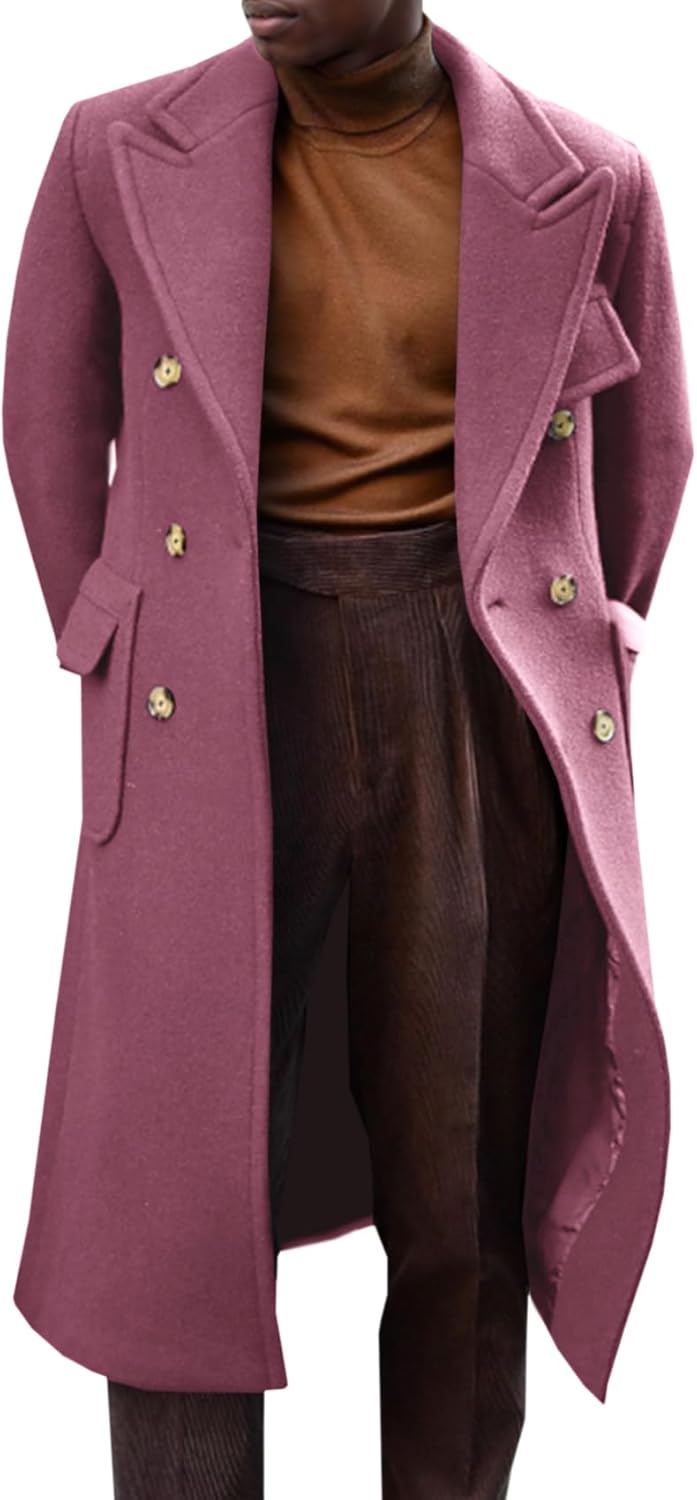 Mens Trench Coat Notch Lapel Long Jacket Double Breasted Classic Winter Overcoat