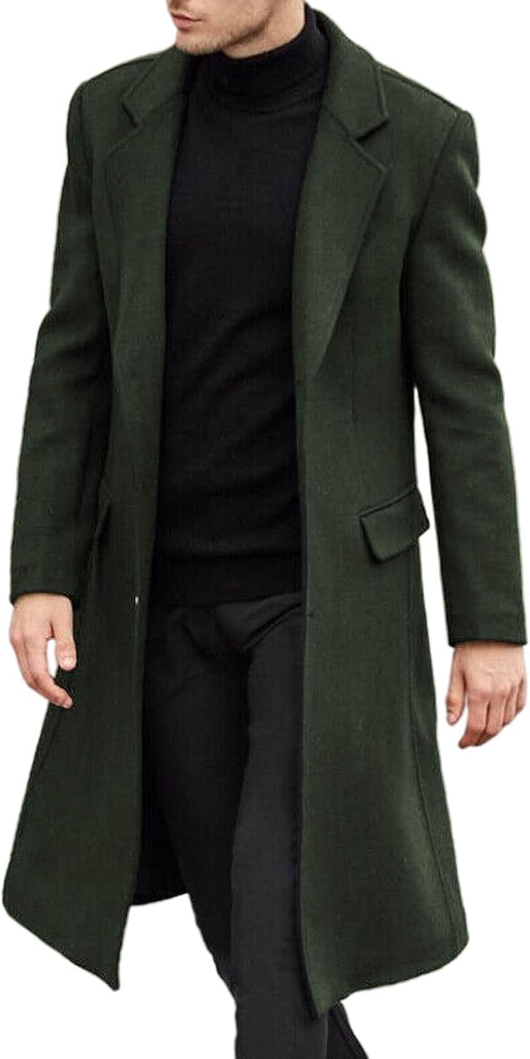 Men's Casual Trench Coat Slim Fit Notched Collar Long Jacket Overcoat Single Breasted Pea Coat wih Pockets