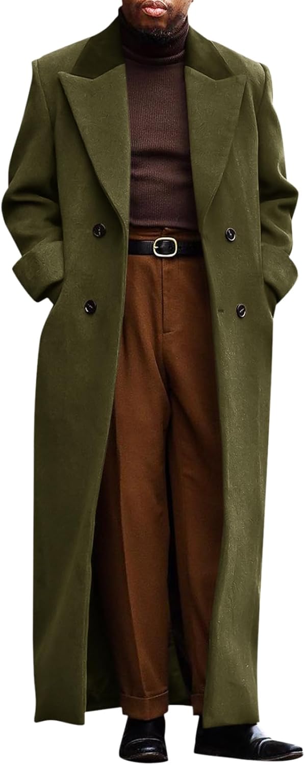 Mens Full Length Trench Coat Notched Lapel Long Jacket Double Breasted Classic Winter Overcoat