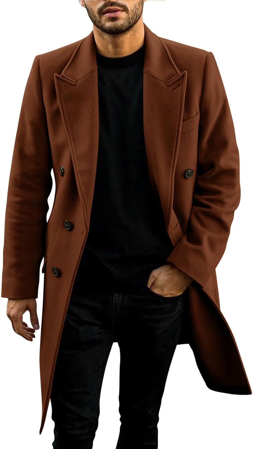 Mens Trench Coat Mid Long Double Breasted Slim Fit Peacoat Notched Lapel Winter Business Overcoat