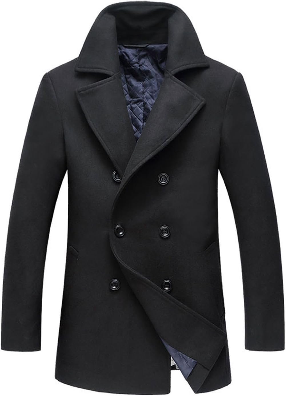 Men's Classic Notched Collar Double Breasted Wool Blend Pea Coat