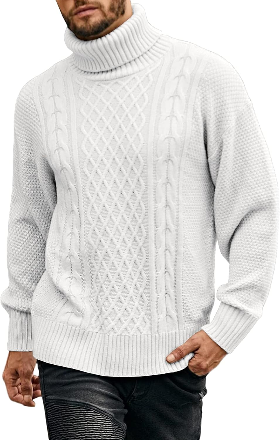 Men's Turtleneck Sweater Pullover Twisted Pattern Casual Loose Fit Thick Winter Long Sleeve Cable Knit Sweaters