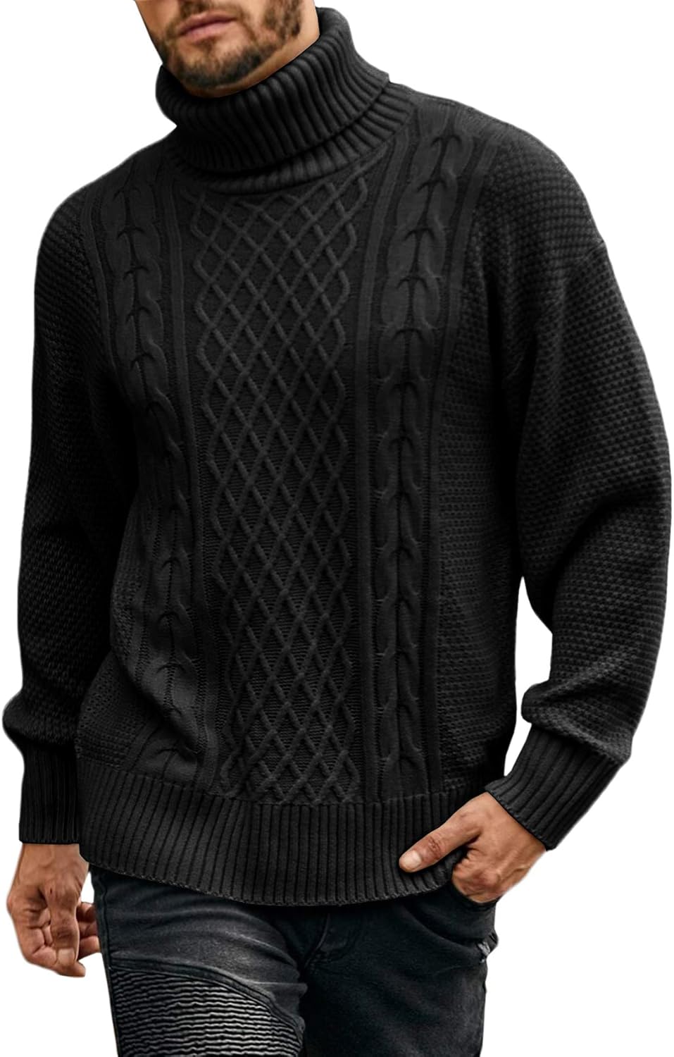 Men's Turtleneck Sweater Pullover Twisted Pattern Casual Loose Fit Thick Winter Long Sleeve Cable Knit Sweaters