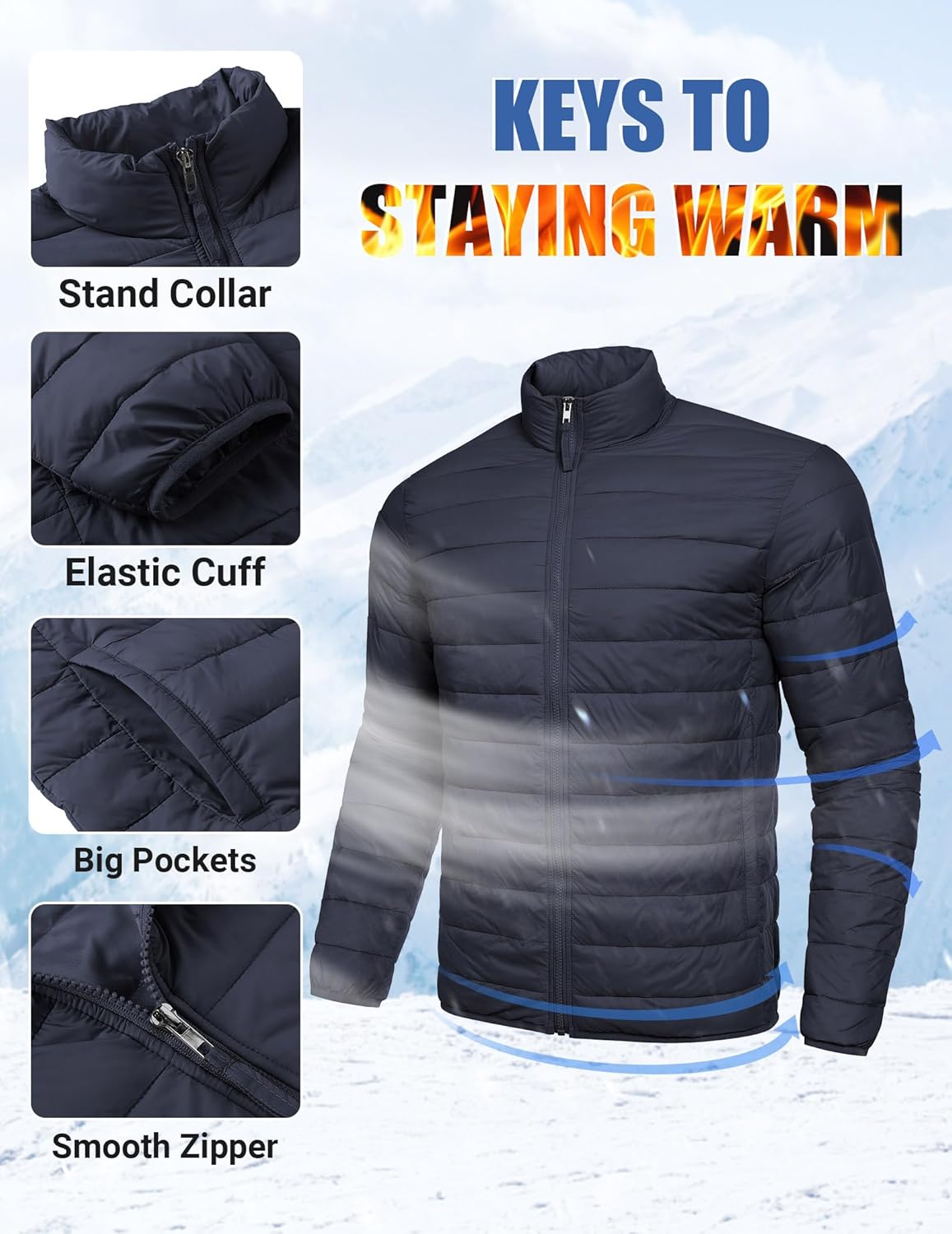 Mens Puffer Jacket Packable Lightweight Jackets Winter Coat Windproof Zipper Down Jacket