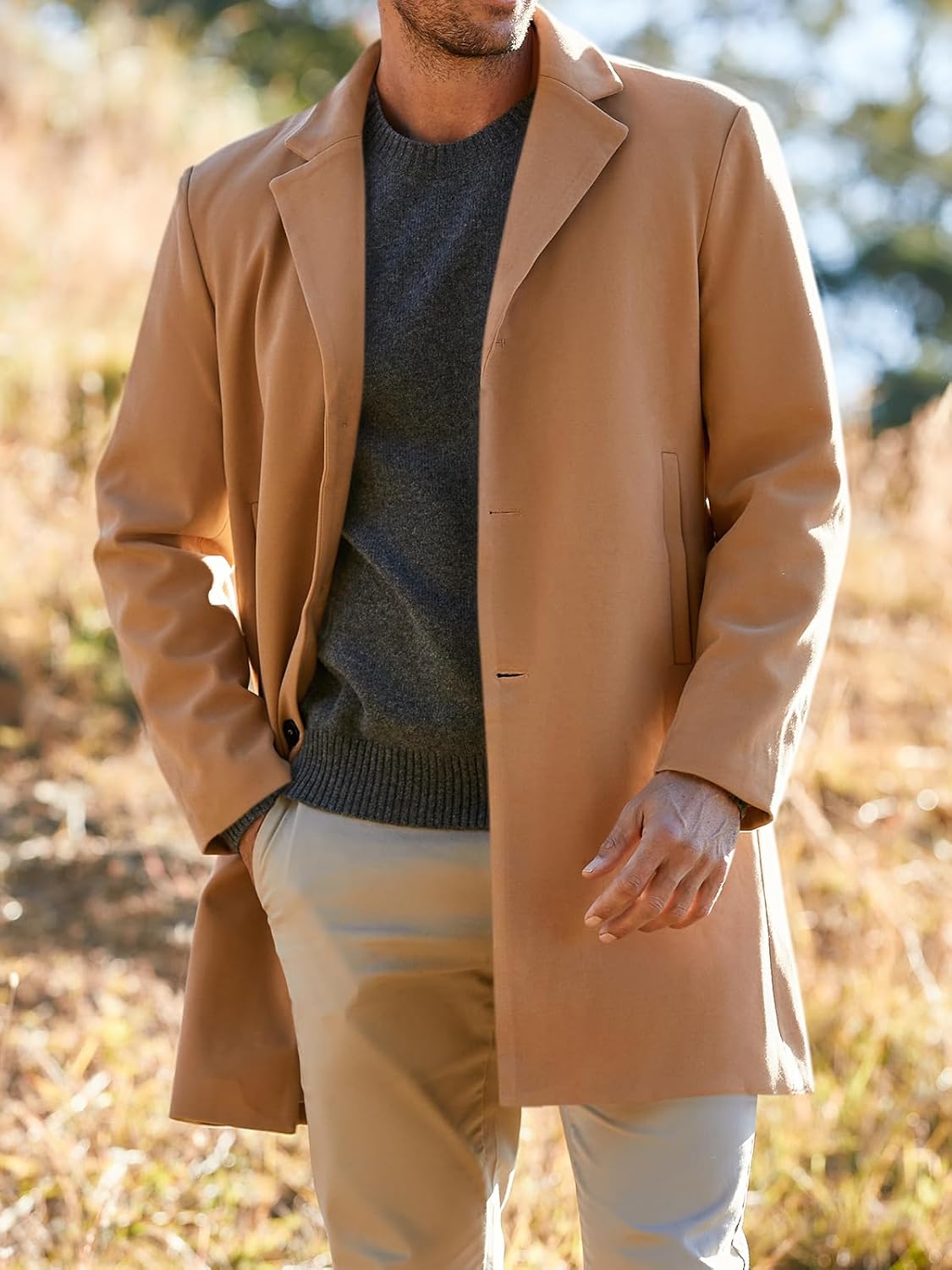 Men's Trench Coat Slim Fit Notch Lapel Single Breasted Top Coat Winter Warm Cotton Business Long Jacket Overcoat