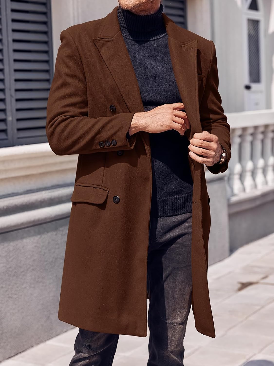Mens Trench Coat Mid Long Double Breasted Slim Fit Peacoat Notched Lapel Winter Business Overcoat