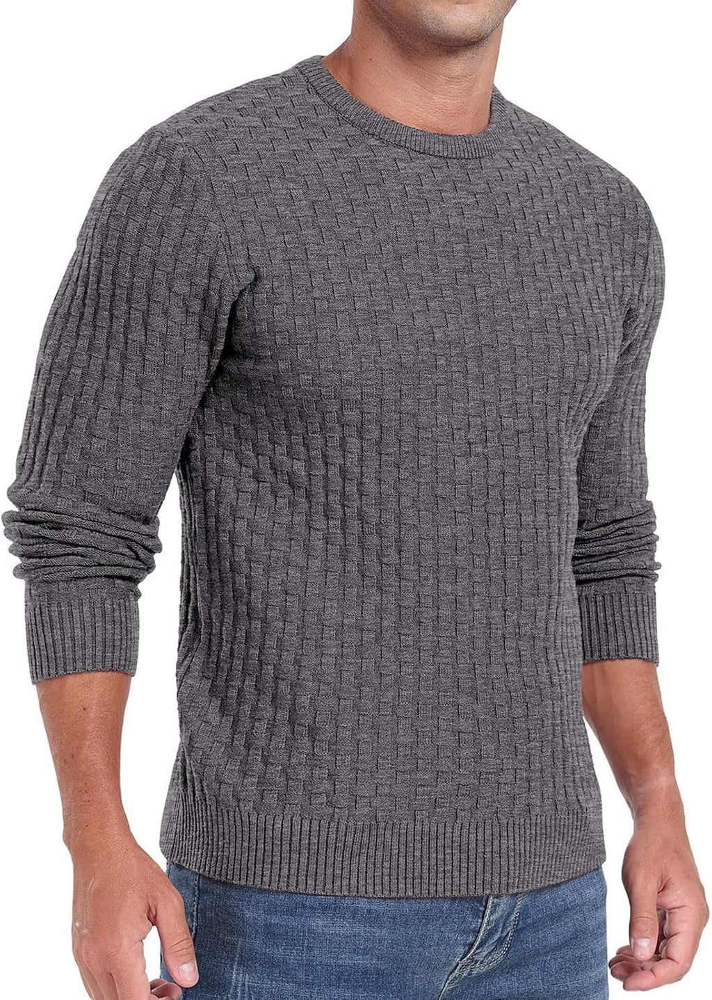 Men's Crewneck Pullover Sweater Waffle Long Sleeve Casual Sweater Soft Knit Waffle Texture Sweater Ribbing