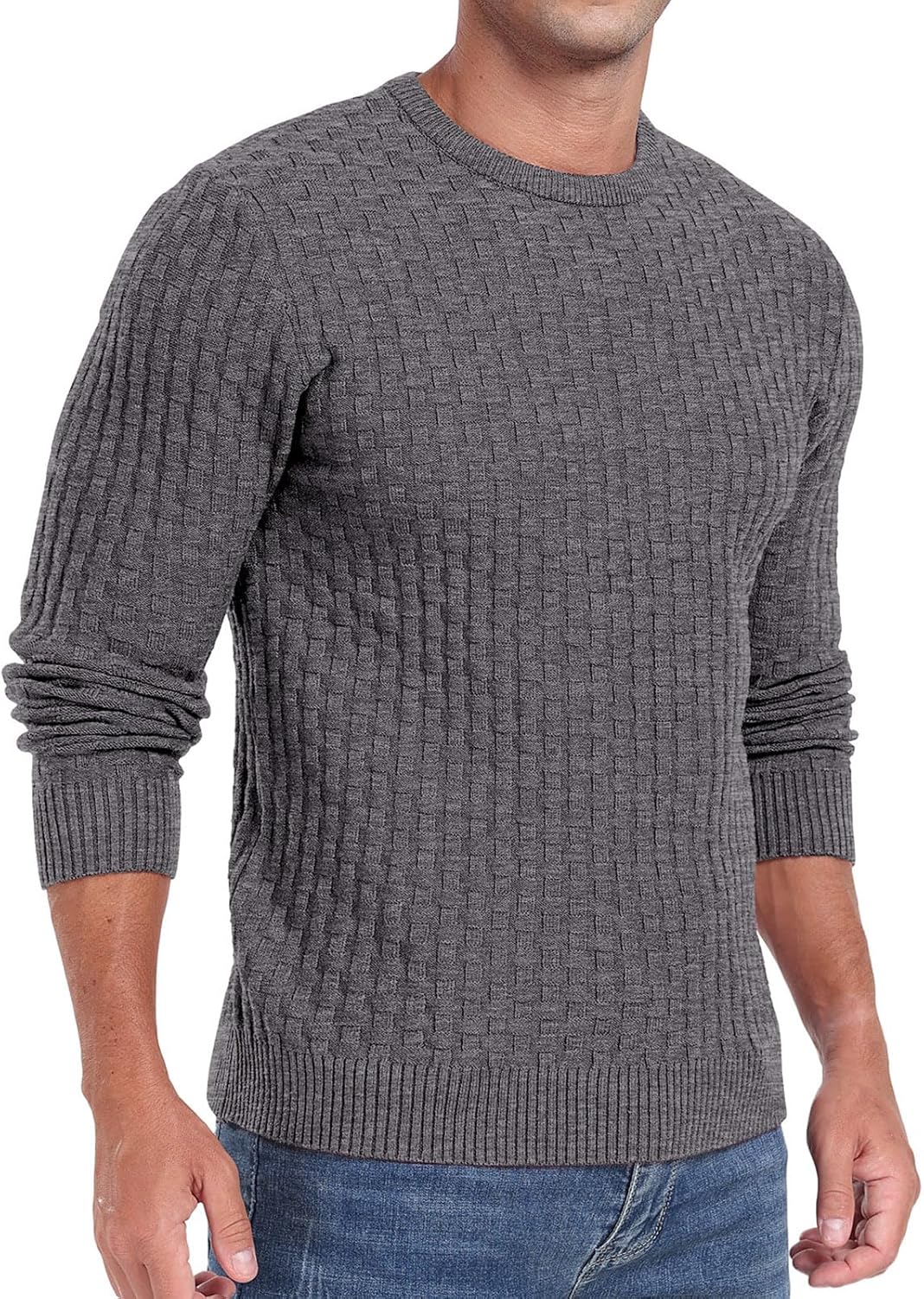 Men's Crewneck Pullover Sweater Waffle Long Sleeve Casual Sweater Soft Knit Waffle Texture Sweater Ribbing