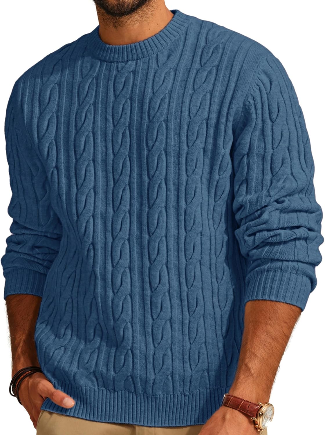 Mens Sweater Crewneck Cable Knit Pullover Sweater Casual Twist Textured Sweaters