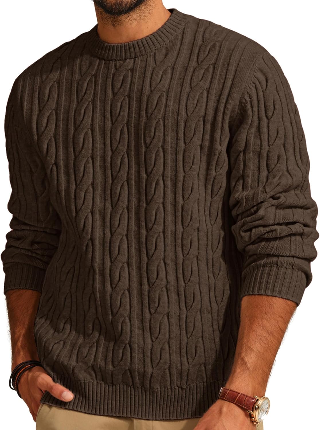 Mens Sweater Crewneck Cable Knit Pullover Sweater Casual Twist Textured Sweaters