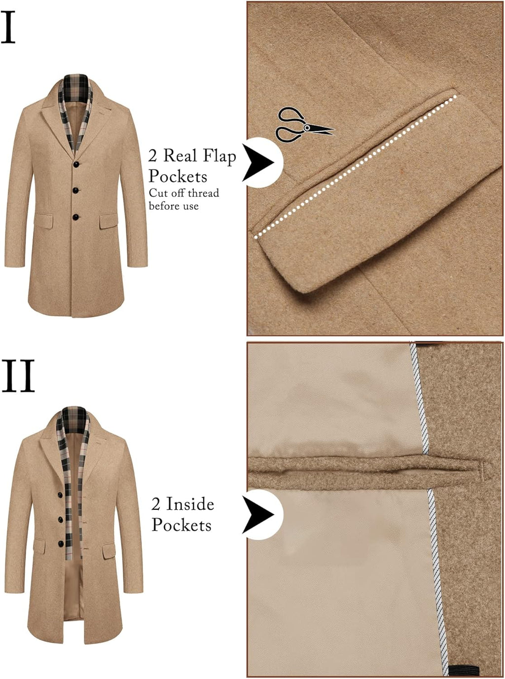 Men's Wool Blend Coat with Detachable Plaid Scarfs Notched Collar Single Breasted Pea Coat Trench Overcoat