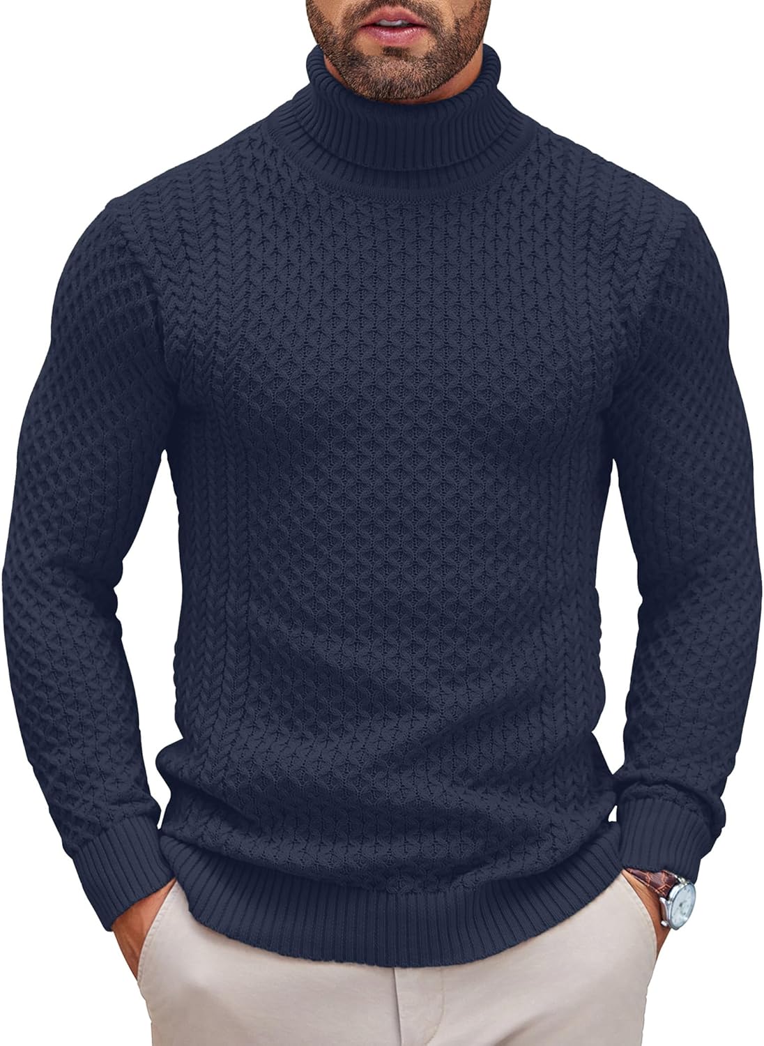 Men's Slim Fit Turtleneck Sweater Casual Knitted Twisted Pullover Solid Sweaters