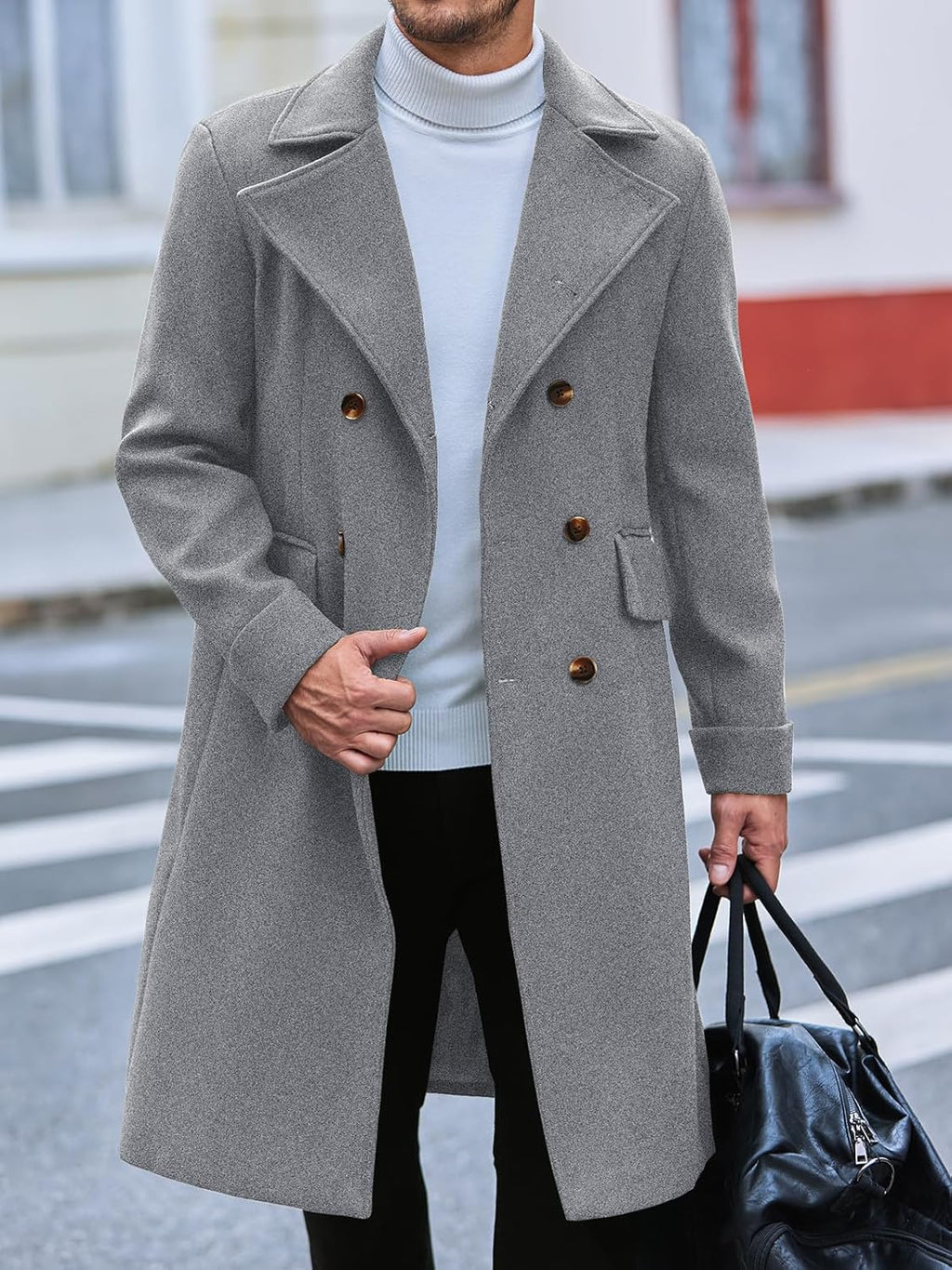 Mens Trench Coat Notch Lapel Slim Fit Double Breasted Wool Blend Long Pea Coat Winter Warm Overcoat