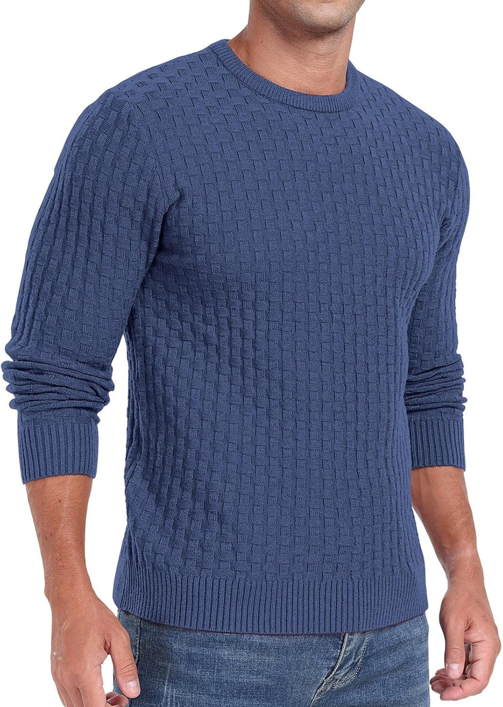 Men's Crewneck Pullover Sweater Waffle Long Sleeve Casual Sweater Soft Knit Waffle Texture Sweater Ribbing