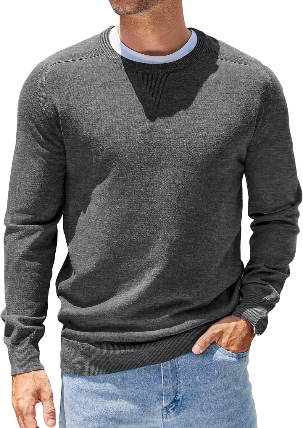 Mens Sweater Crewneck Pullover Long Sleeve Lightweight Sweater Plain Knit Silm Fit