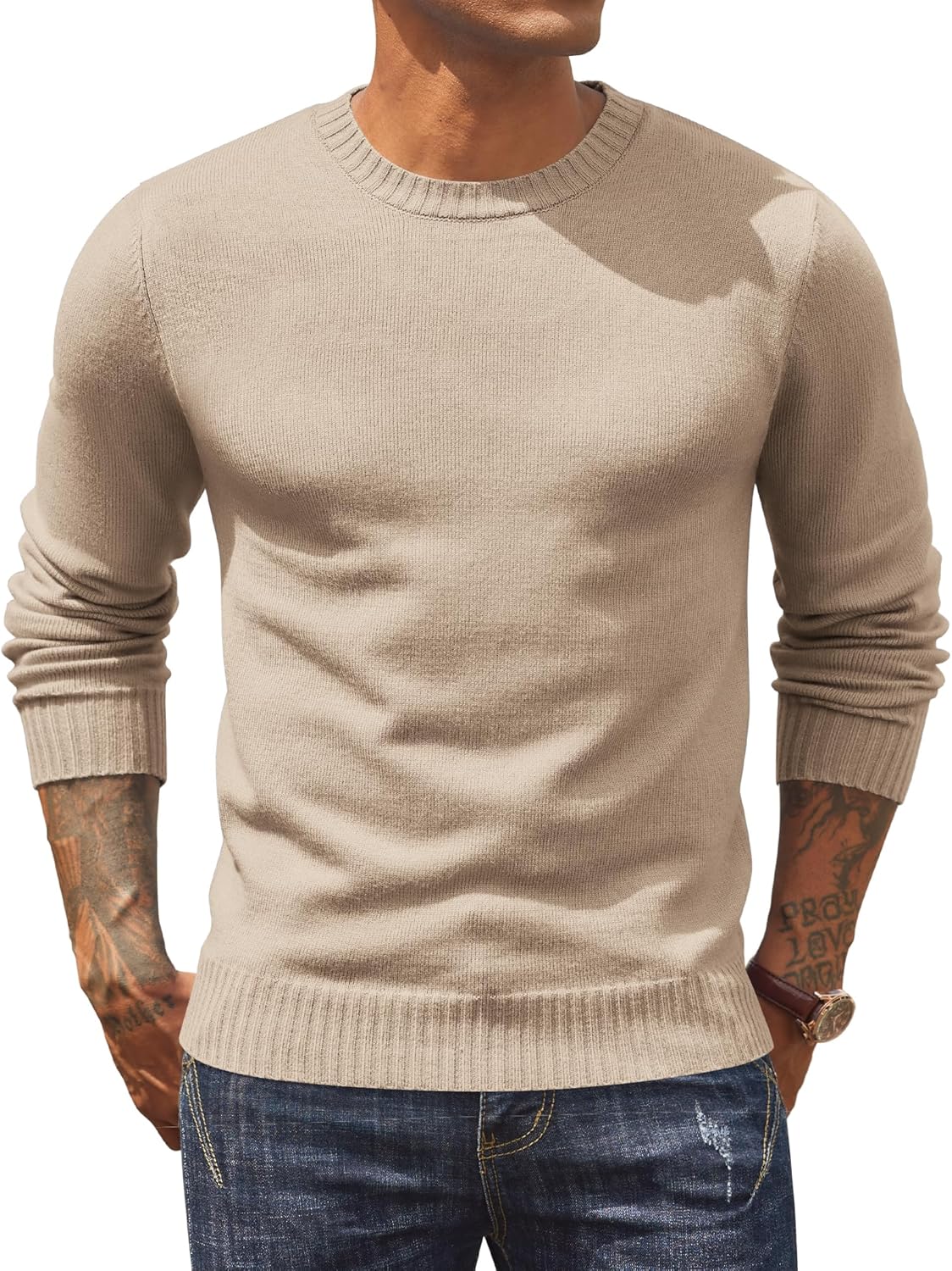 Mens Knit Dress Sweater Crewneck Long Sleeves Slim Fit Sweaters Business Casual Ribbing Pullover Tops